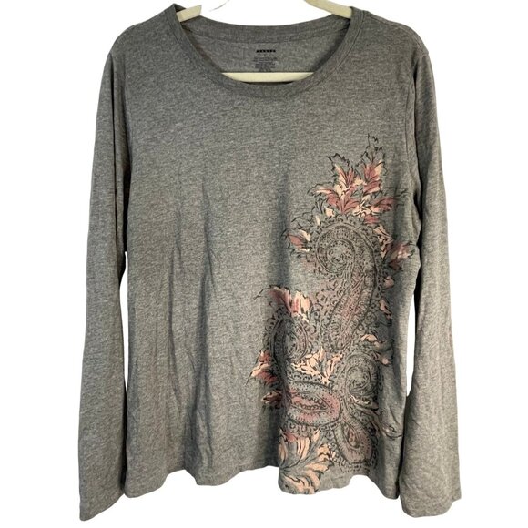 long sleeve gray shirt sheer floral polyester blend xl armpit to armpit 22" READ - Picture 1 of 6